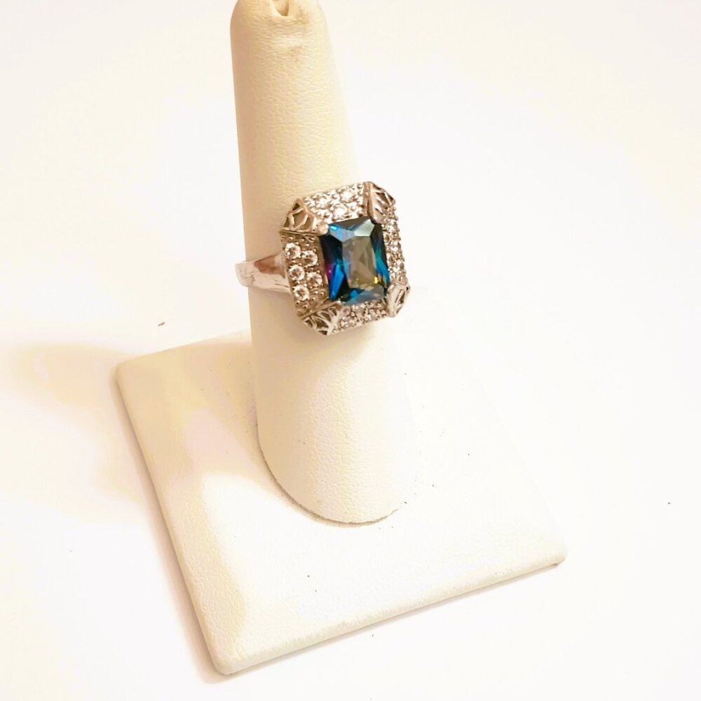 925 Emerald Cut Aurora Borealis Ring 7.25 Sterling Silver Pave Cocktail Jewelry
